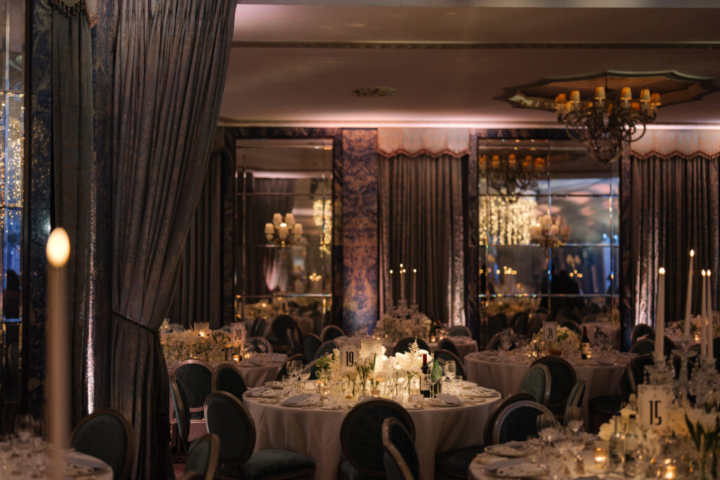 Corporate gala dinner at a luxury London hotel featuring round tables and elegant decor, planned by ByChenai Events. 
